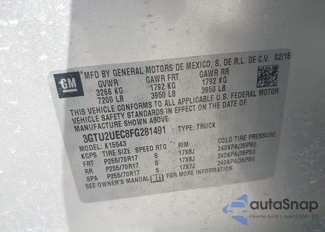 2015 GMC Sierra 1500 Sle z USA, uszkodzony, nr VIN 3GTU2UEC8FG281491